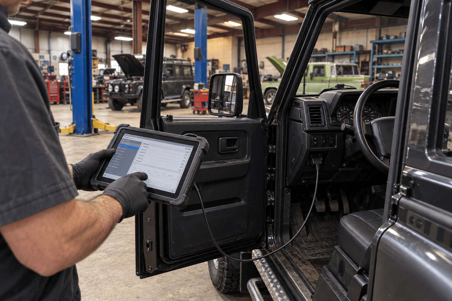 Illustration of a diagnostic tablet connected to a vehicle