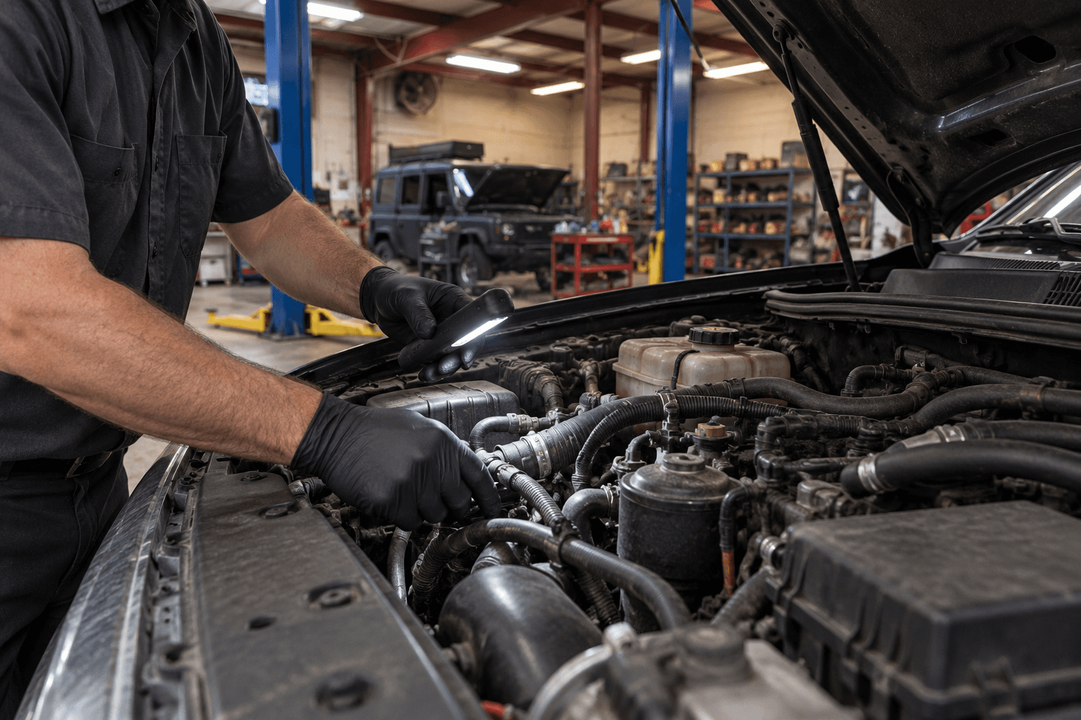 Illustration of an engine-bay inspection with a work light
